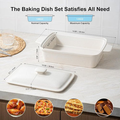 DAFUCERAMIC Casserole Dish - 3.5 Quart Porcelain Baking Dish With Lid | Deep 13 x 9 Oven Safe Bakeware