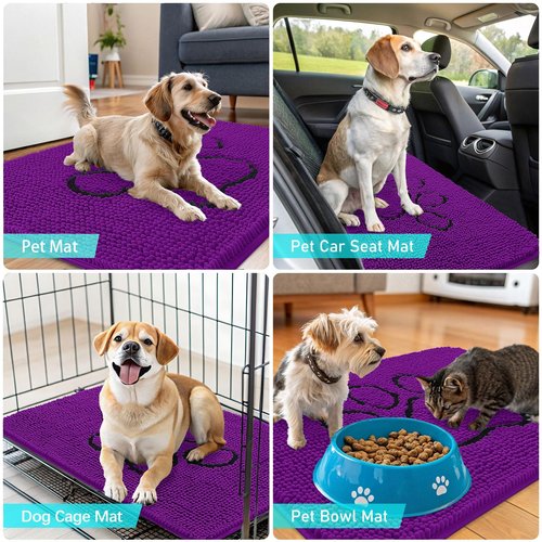 OLANLY Dog Door Mat for Muddy Paws 36x24, Paw Print Design, Absorbs Moisture and Dirt, Absorbent Non-Slip Washable Doormat, Quick Dry Chenille Mud Mat for Dogs, Entry Indoor Entryway Carpet, Purple