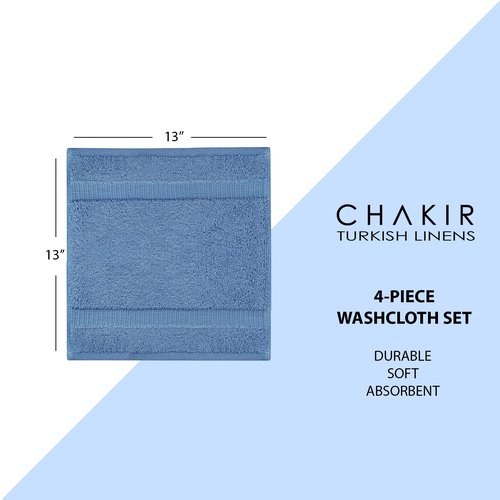 Chakir Turkish Linens | Hotel & Spa Quality 100% Cotton Premium Turkish Towels | Soft & Absorbent (4-Piece Washcloths, Wedgewood)
