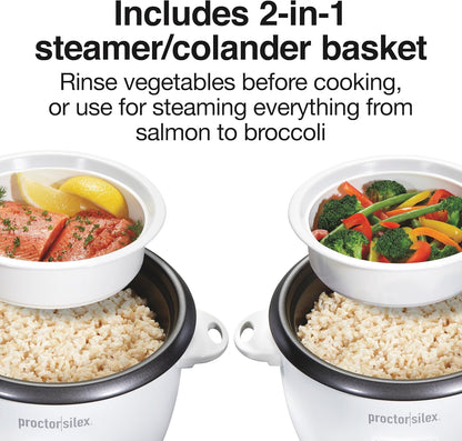 Proctor Silex Rice Cooker & Food Steamer - 10 Cups Cooked Capacity, Includes Steam Basket, White
