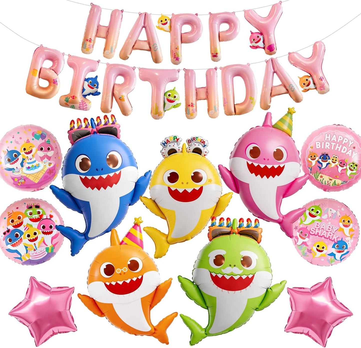 Baby Shark | PartyWoo Family Foil Balloons - 13pcs Pink Round & Star Mylar Set for Kids' Birthday Party Decorations