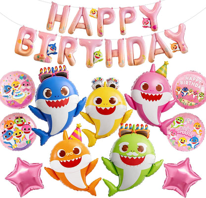 Baby Shark | PartyWoo Family Foil Balloons - 13pcs Pink Round & Star Mylar Set for Kids' Birthday Party Decorations