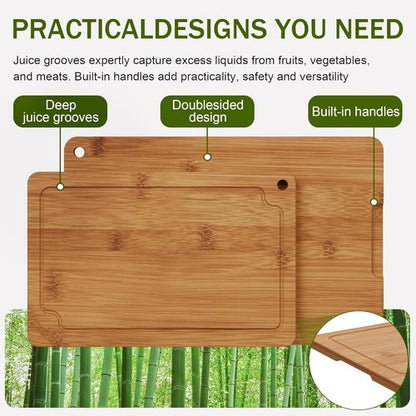 Bamboo Cutting Boards Set - Premium Wood Chopping Boards with Juice Grooves & Handles | 2-Piece Set