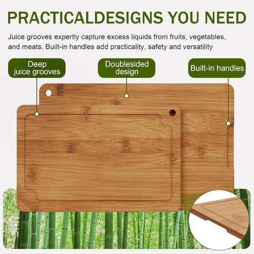 Bamboo Cutting Boards Set - Premium Wood Chopping Boards with Juice Grooves & Handles | Large, Medium, Small Sizes