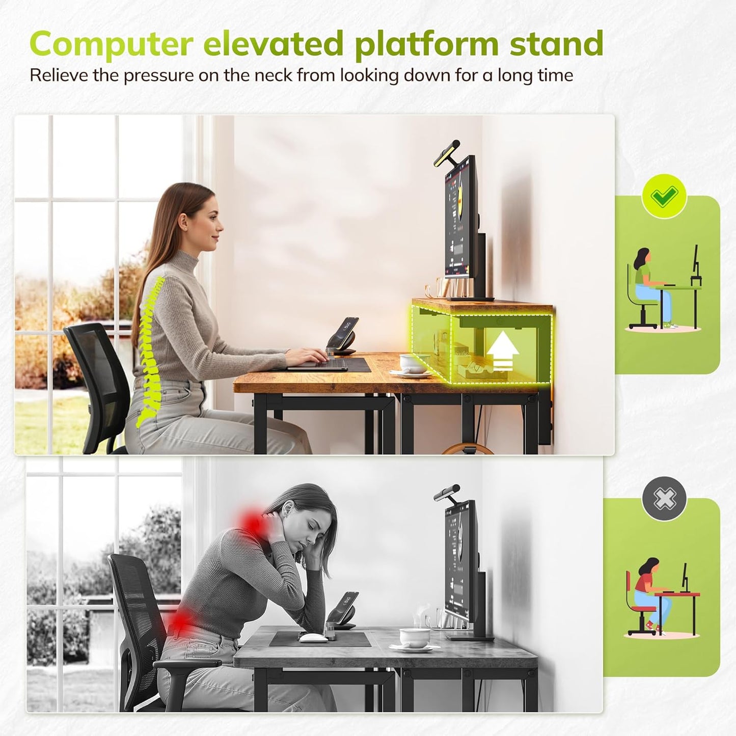 DurayLoly Folding Desk - Compact Computer Desk with Monitor Stand & LED Lights | 31.5 Inch Rustic Brown