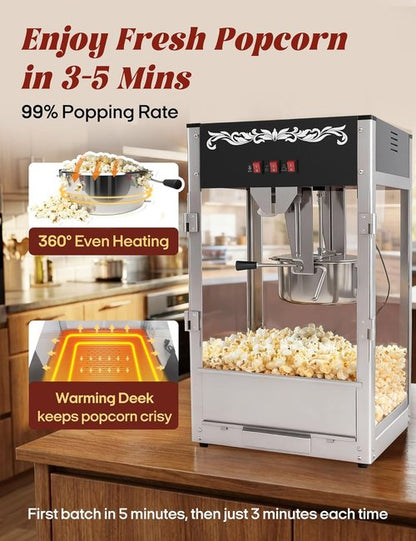 Commercial Popcorn Machine - Authentic 16oz Kettle Popcorn Maker with Warming Deck | 1600W for Restaurants & Events