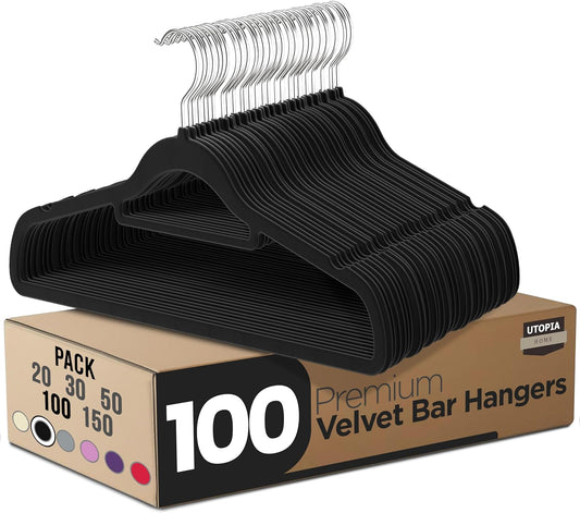 Utopia Home Velvet Hangers - 100 Pack Premium Non-Slip Slim Clothes & Coat Hangers | Heavy Duty, Black