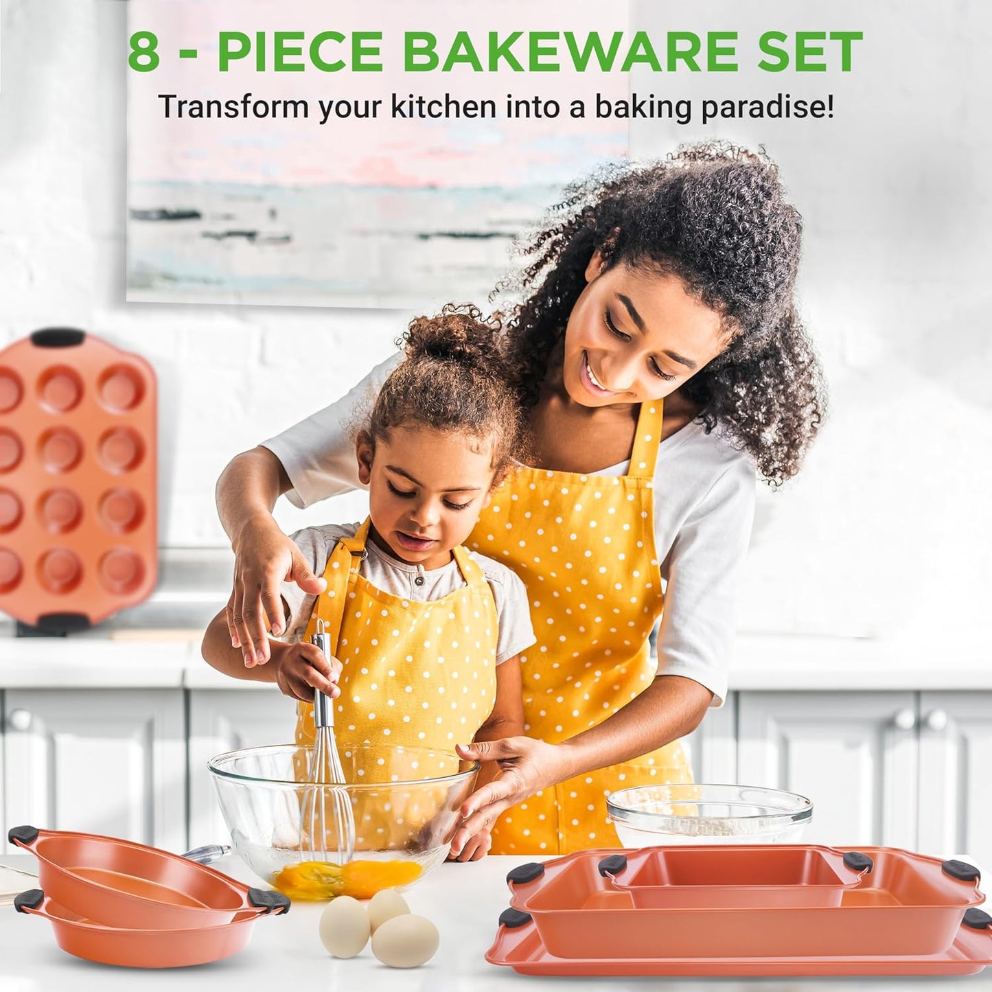 NutriChef 8-Piece Nonstick Baking Pans Set - Durable Carbon Steel Bakeware with Heat-Safe Silicone Handles - Rose Gold