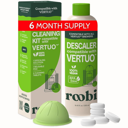 Roobi Nespresso Compatible Vertuo Cleaning & Descaling Kit. Includes 1 Bottle of Descaling Solution, 6 Cleaning Tablets and 1 Reusable Pod. Carbon Neutral Vertuoline Maintenance Kit. 6 Month Supply.