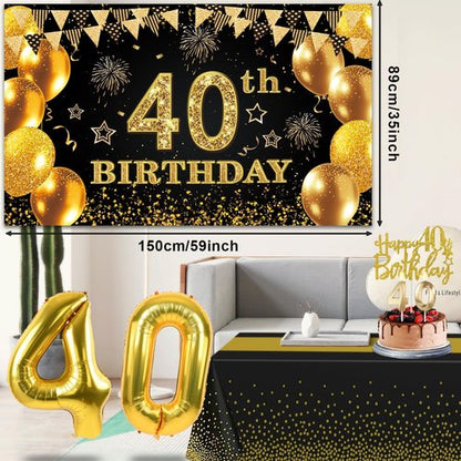 40th Birthday Decorations - Black and Gold Banner, Table Cloth, Balloons, Sash & Cake Topper