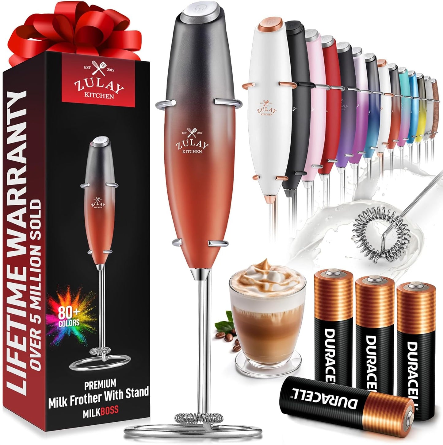 Zulay Kitchen Milk Frother Wand - Ultra-Fast Handheld Mixer for Coffee & Lattes - Black & Red