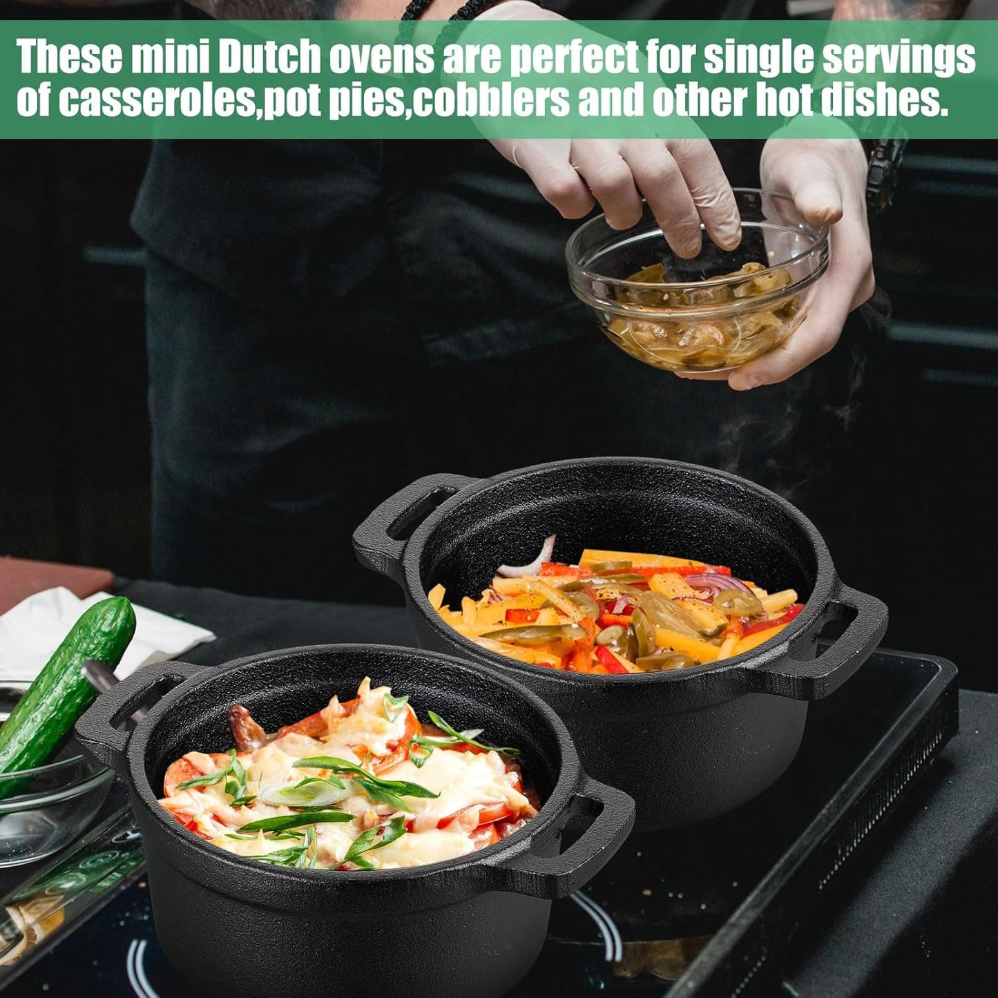 Skiennix 20 oz Dutch Oven Pot - Pre-Seasoned Cast Iron Casserole with Lid & Wooden Base | Heavy-Duty Mini Cocotte in Black