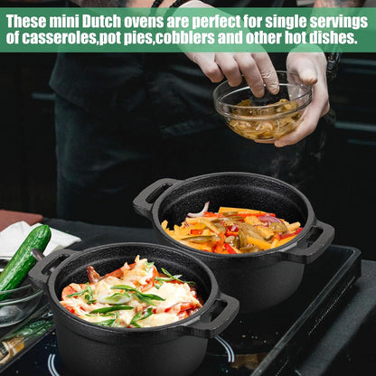 Skiennix 20 oz Dutch Oven Pot - Pre-Seasoned Cast Iron Casserole with Lid & Wooden Base | Heavy-Duty Mini Cocotte in Black