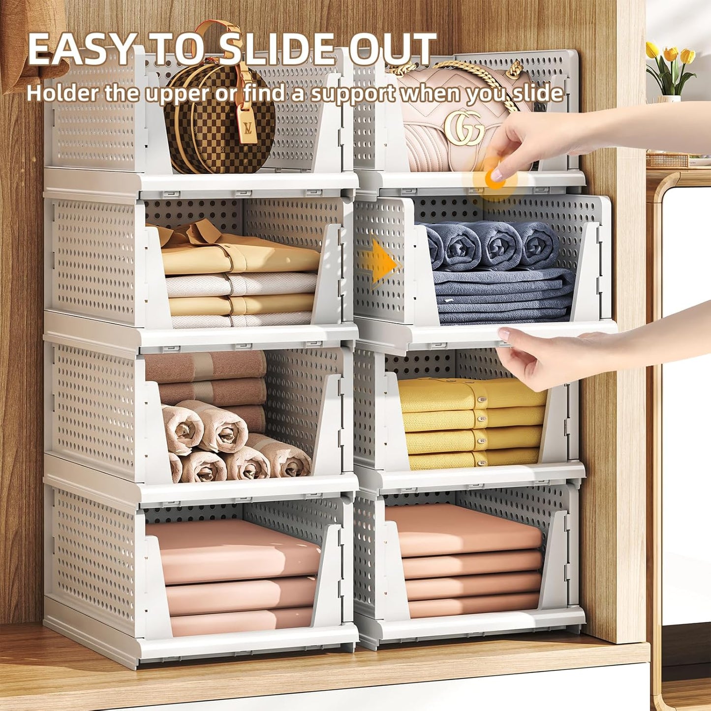 Stackable Plastic Storage Baskets by [Brand Name] - Foldable Closet Organizers for Clothes & Pantry | 5L Size