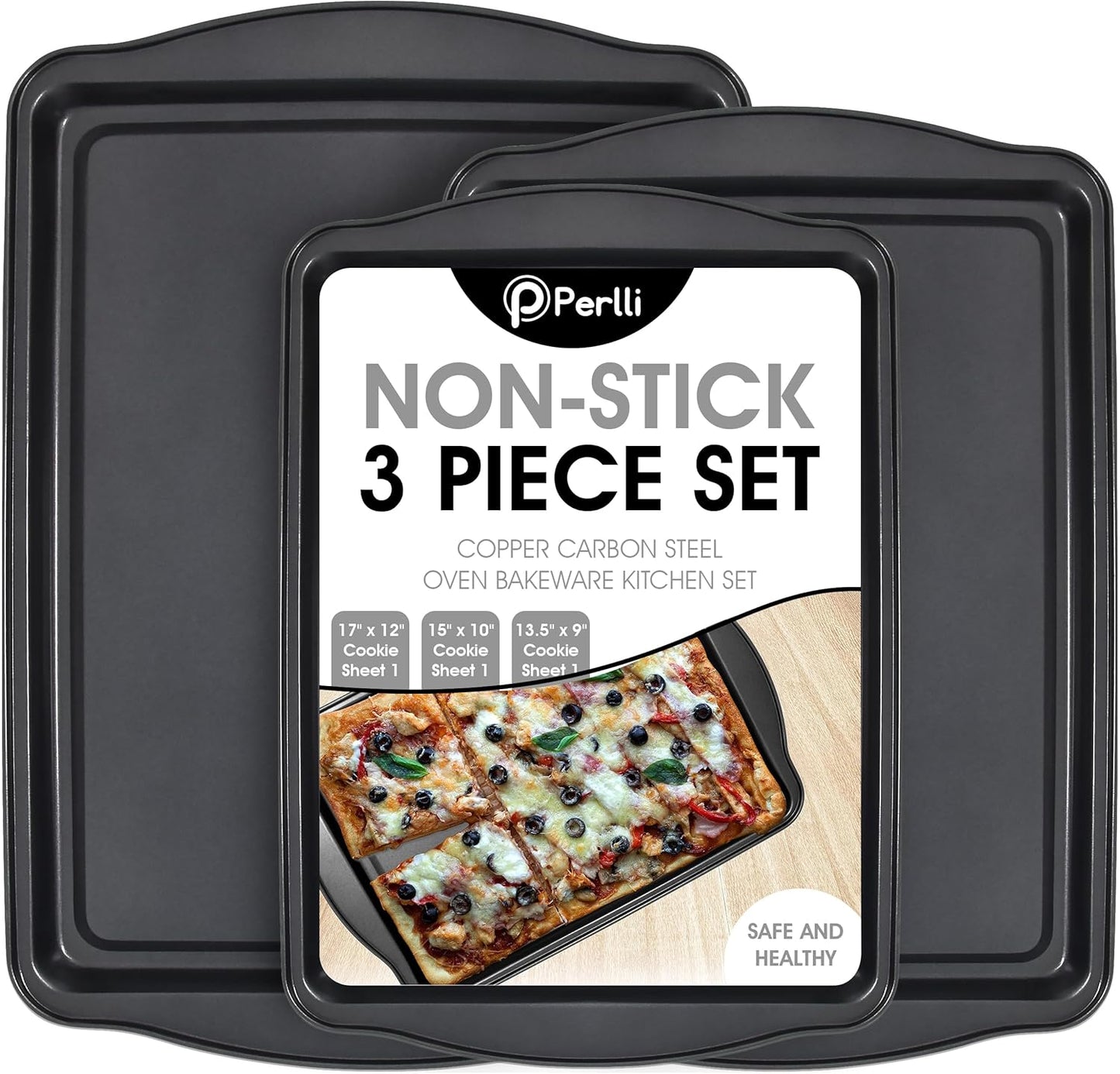Perlli Non-Stick Baking Sheets Set - 3-Piece Carbon Steel Oven Trays for Cookies & Cakes | BPA Free