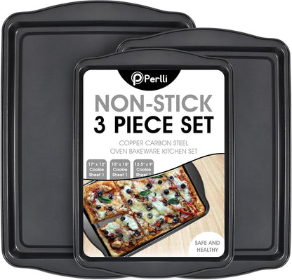 Perlli Non-Stick Baking Sheets Set - 3-Piece Carbon Steel Oven Trays for Cookies & Cakes | BPA Free