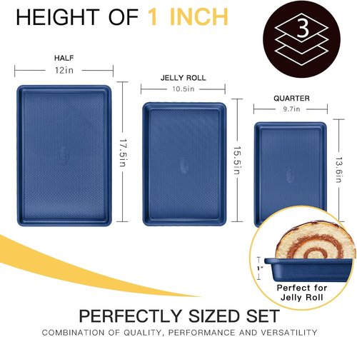 HONGBAKE Baking Sheet Pan Set - Nonstick Cookie Sheets with Diamond Texture | Heavy Duty Dark Blue