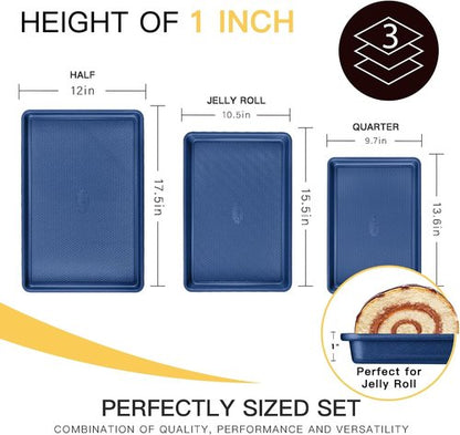 HONGBAKE Baking Sheet Pan Set - Nonstick Cookie Sheets with Diamond Texture | Heavy Duty Dark Blue