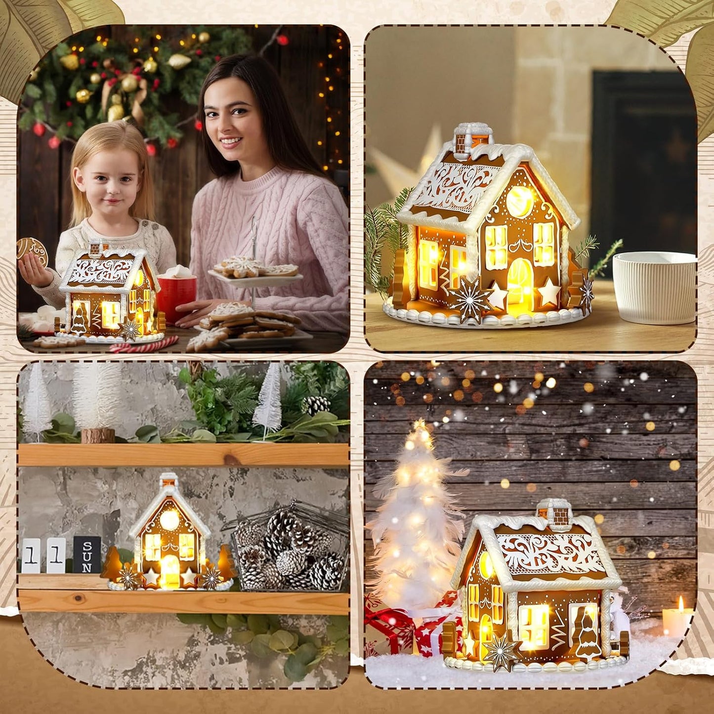 Wesiti Gingerbread House Decor - Lighted Christmas Decoration with LED Lights | 6-Inch Resin Candy House Figurine