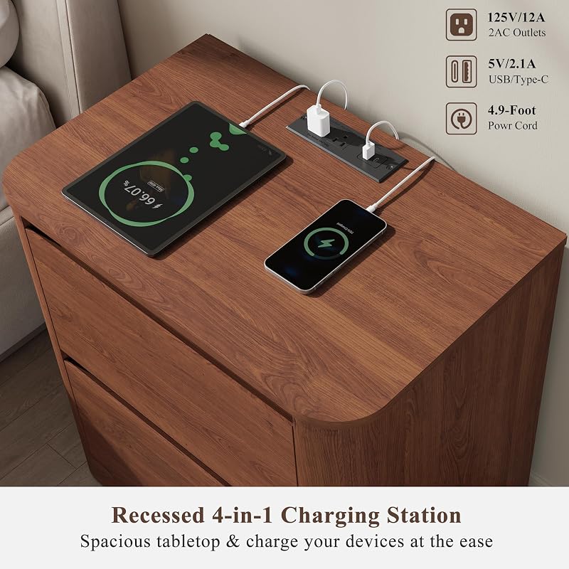 Walnut Nightstand with Charging Station, 2 Drawers, 23.6" W x 23.6" H