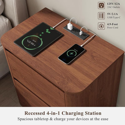 Walnut Nightstand with Charging Station, 2 Drawers, 23.6" W x 23.6" H
