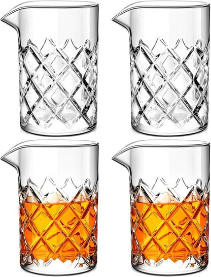 Dandat 4 Pcs Cocktail Mixing Glass 24 oz Crystal Stirring Glass Thick Bottom Seamless Cocktail Pitcher for Home Bartender Bar Whiskey Martini Drink Shaker Accessories (Grid)