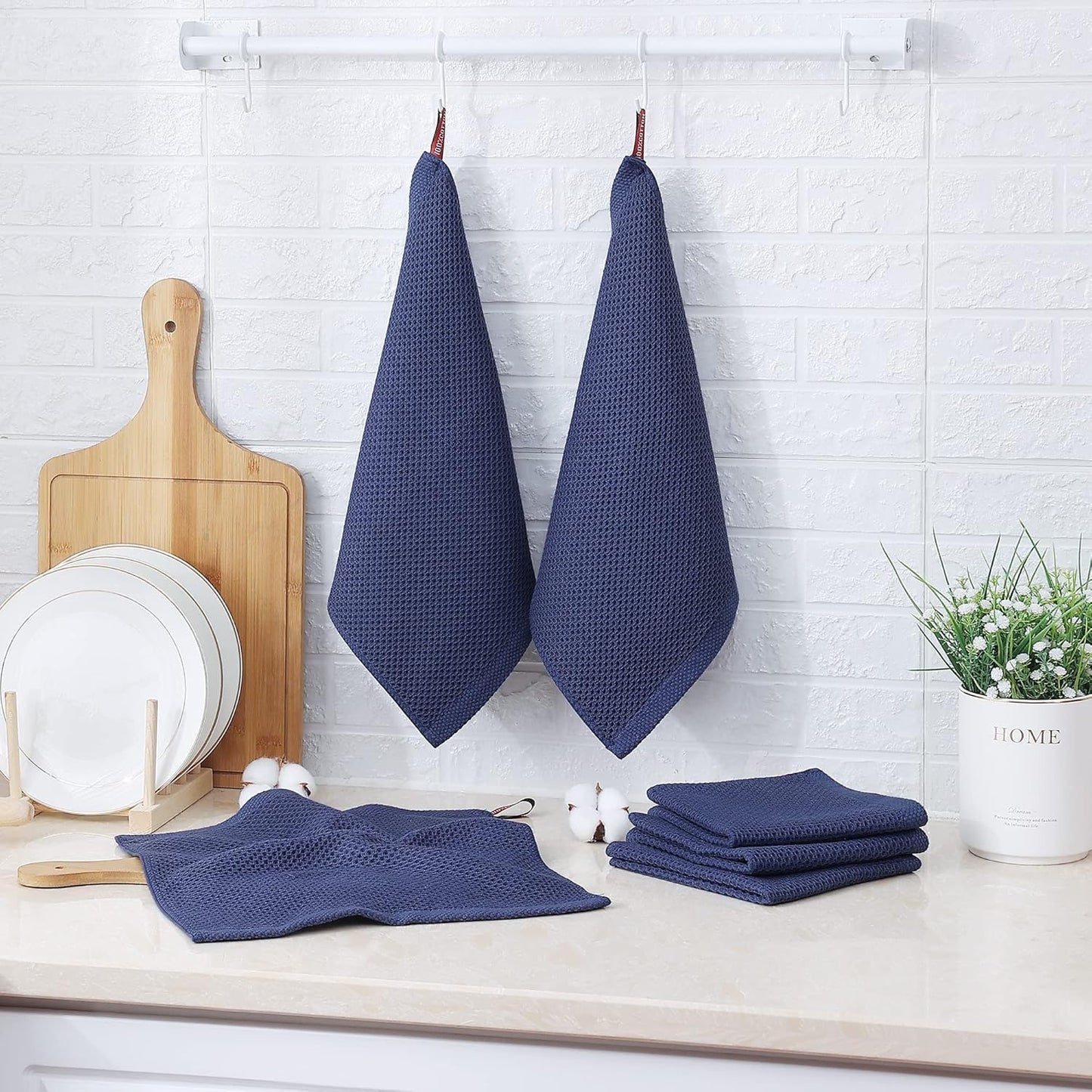 Skiennix 100% Cotton Waffle Weave Kitchen Towels - Ultra Soft & Absorbent 6 Pack | Quick Drying, Dark Blue, 12x12 Inches