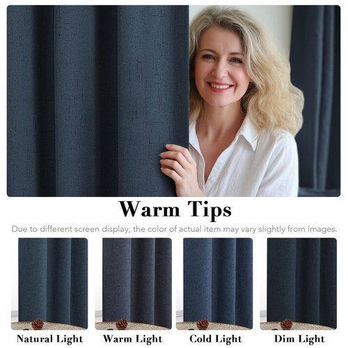 H.VERSAILTEX Primitive Linen Curtains 100% Blackout Curtain Drapes Burlap Fabric Curtains with White Thermal Insulated Liner, Grommet Top Drapes Living Room/Bedroom (2 Panels, 42 x 63 Inch, Navy)