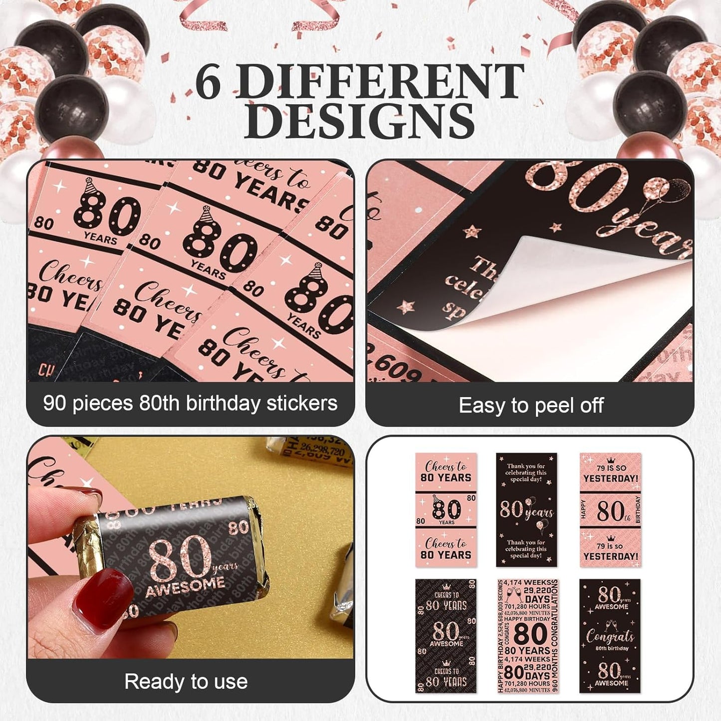 Tenare 90 Pcs 80th Birthday Candy Bar Wrappers - Black & Pink Stickers for Women’s Celebration