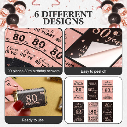 Tenare 90 Pcs 80th Birthday Candy Bar Wrappers - Black & Pink Stickers for Women’s Celebration