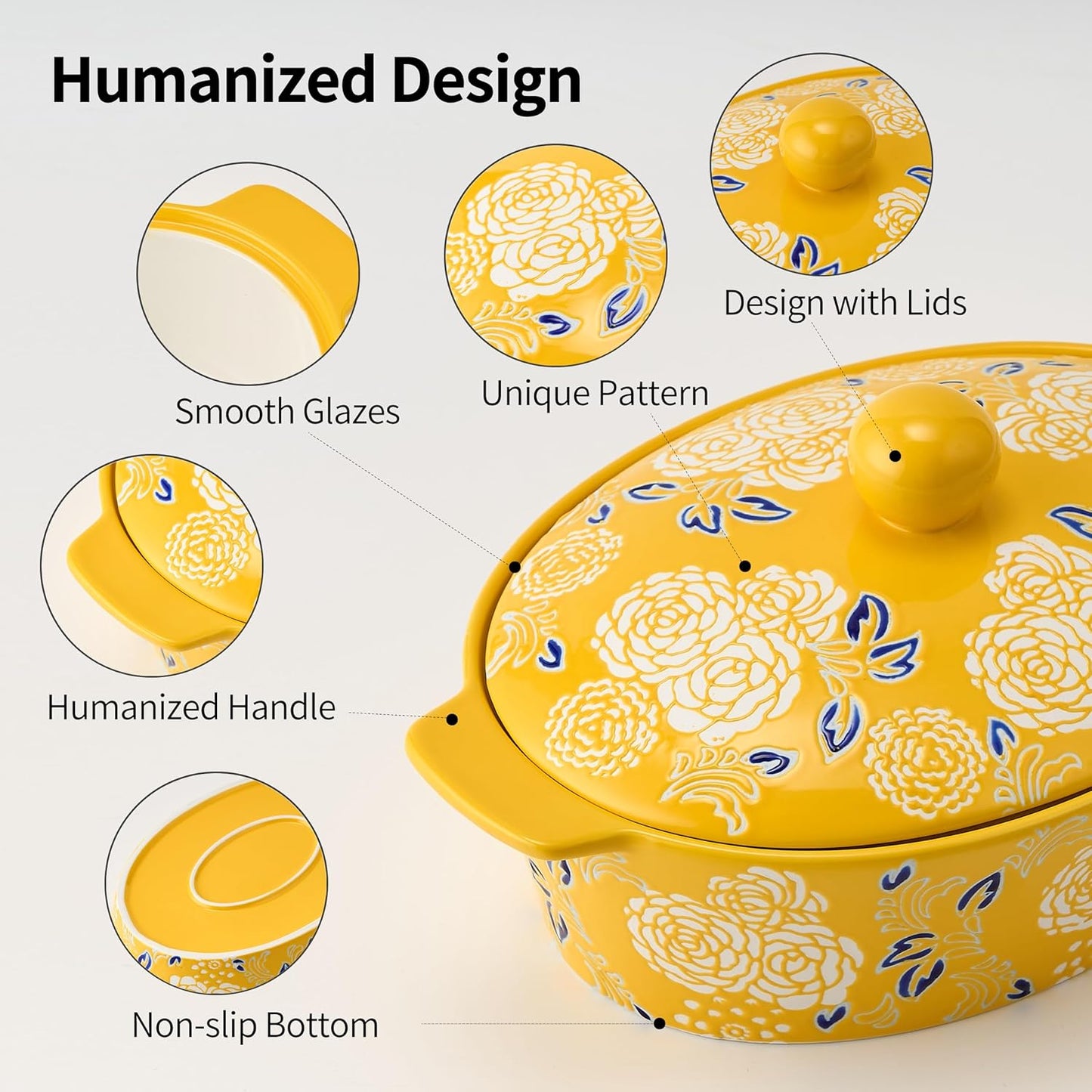 Skiennix Ceramic Casserole Dish With Lid - Versatile Oval Baking Pan for Lasagna & Bread - Yellow