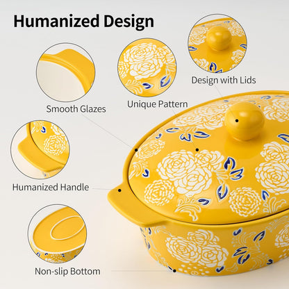 Skiennix Ceramic Casserole Dish With Lid - Versatile Oval Baking Pan for Lasagna & Bread - Yellow