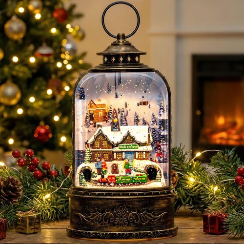 Christmas Village Snow Globe - Musical Water Lantern with Train Station Scene | Battery Operated & USB Powered Holiday Decoration
