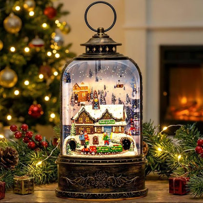 Christmas Village Snow Globe - Musical Water Lantern with Train Station Scene | Battery Operated & USB Powered Holiday Decoration