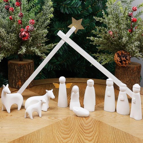Juegoal Christmas Nativity Set - 11 White Mini Resin Figurines | Holy Family Table Ornaments