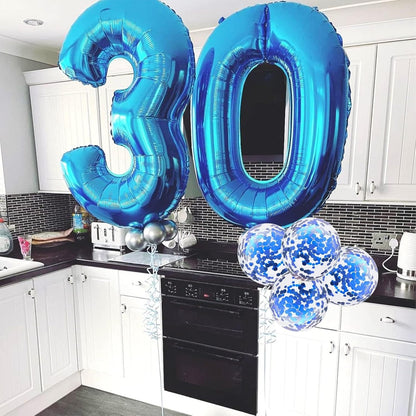 Skiennix 40-Inch Number 30 Foil Balloons - Large Blue 30th Birthday Helium Balloons with Confetti