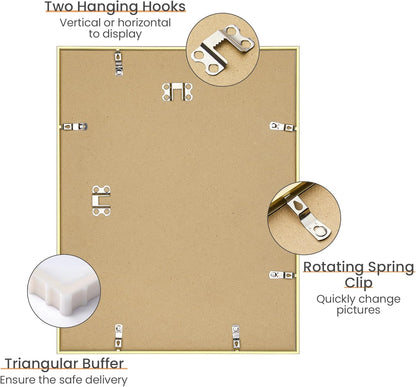 Upsimples Aluminum Picture Frame - Gold 11x14 for 8x10 Photos with Mat | Wall Hanging Design