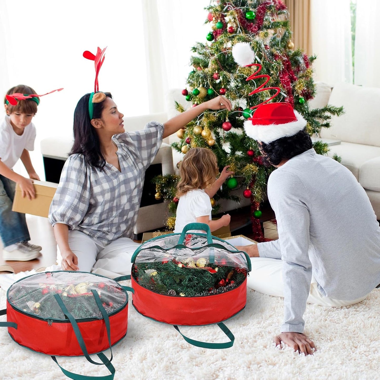 Shappy Wreath Storage Bag - 4 Pcs Red Clear Window Containers with Handle | 36 Inch Holiday Garland