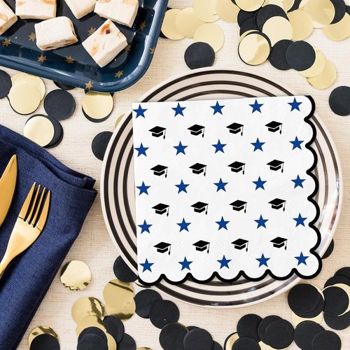 FYSUIMU Graduation Cap Napkins - 100 Pcs Scalloped Disposable Dinner Napkins | Black & Blue Star Design