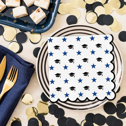 FYSUIMU Graduation Cap Napkins - 100 Pcs Scalloped Disposable Dinner Napkins | Black & Blue Star Design
