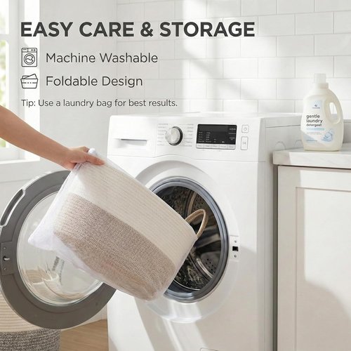 JMvicyroam 65L Extra Large Blanket Basket - Woven Cotton Rope Laundry Hamper with Handles | Machine Washable, White & Brown