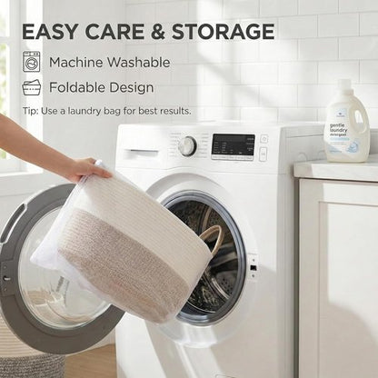 JMvicyroam 65L Extra Large Blanket Basket - Woven Cotton Rope Laundry Hamper with Handles | Machine Washable, White & Brown