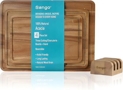 Sango Acacia Cutting Board Set - 3-Piece Wood Chopping Boards with Juice Grooves & Stand | Non-Toxic & Reversible