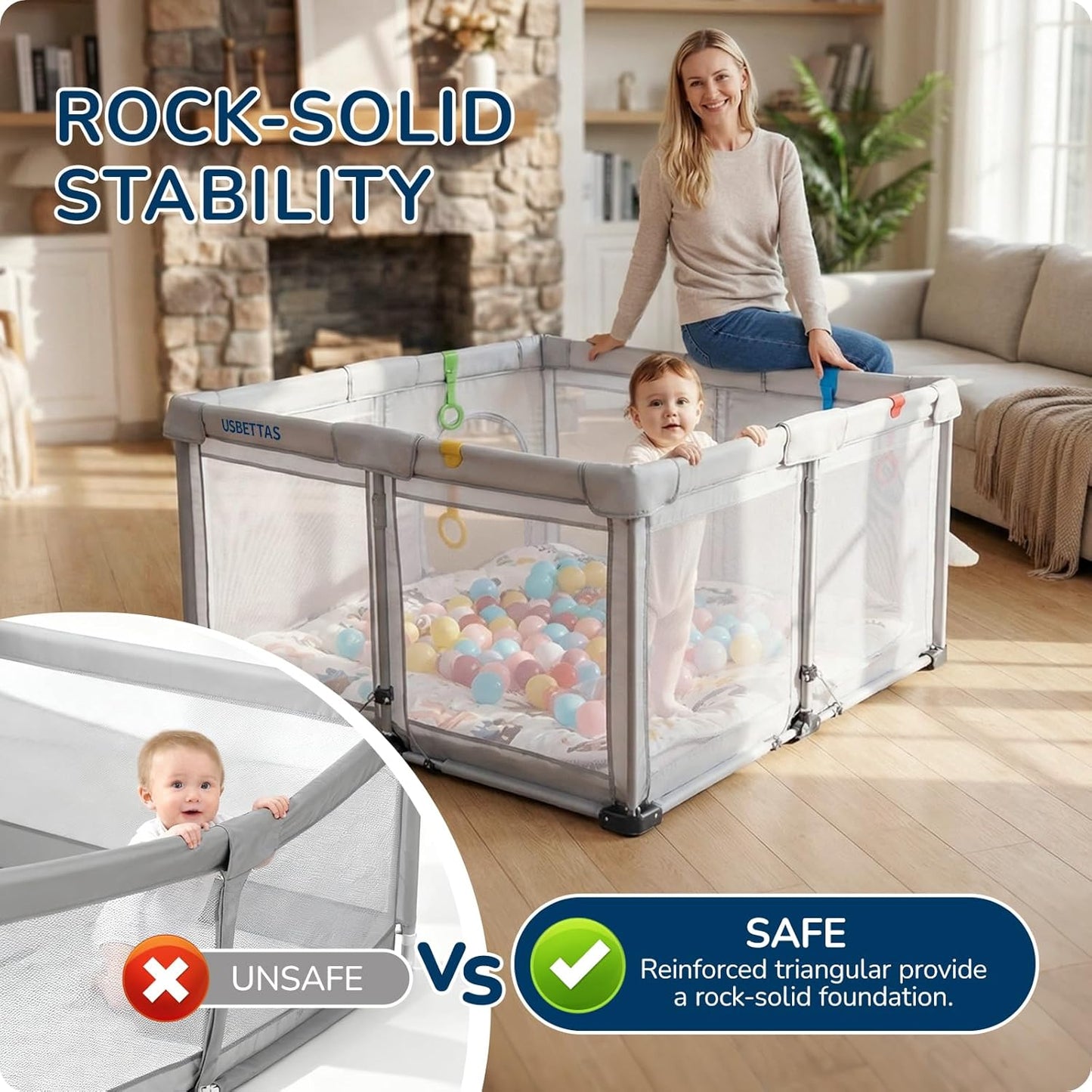 Skiennix Foldable Baby Playpen - Lightweight Portable Design with Quick 1-Minute Setup | 50"x50" Light Gray Safety Yard for Babies & Toddlers