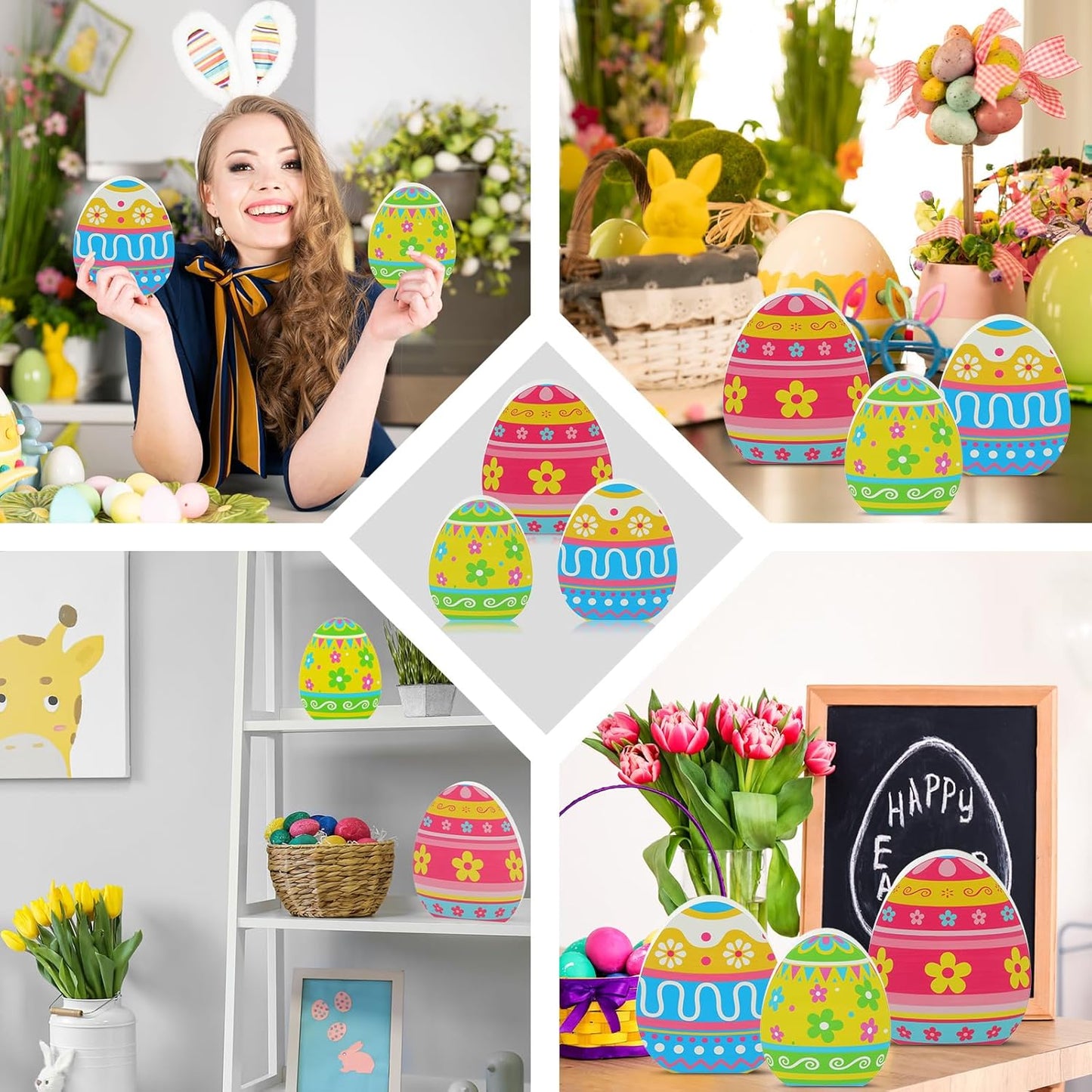 Threan Easter Egg Table Decorations - 3 Pcs Wooden Centerpiece Signs for Spring Home & Party Decor