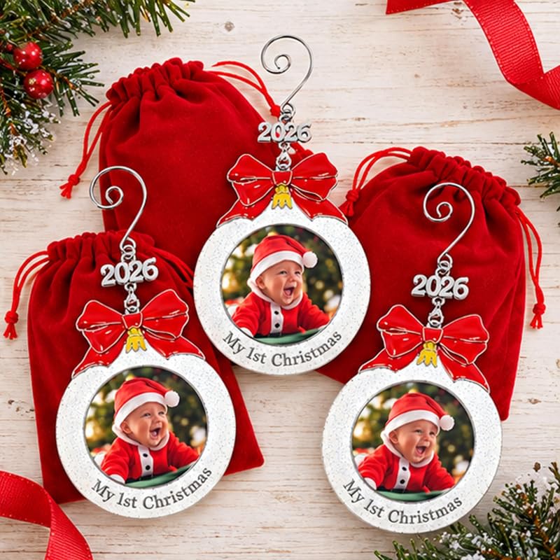 Baby’s First Christmas Photo Ornament Set of 3 - 3 Inch White Glitter Bulb, Red Bow & 2026 Charm (Variation: 3 Pack)