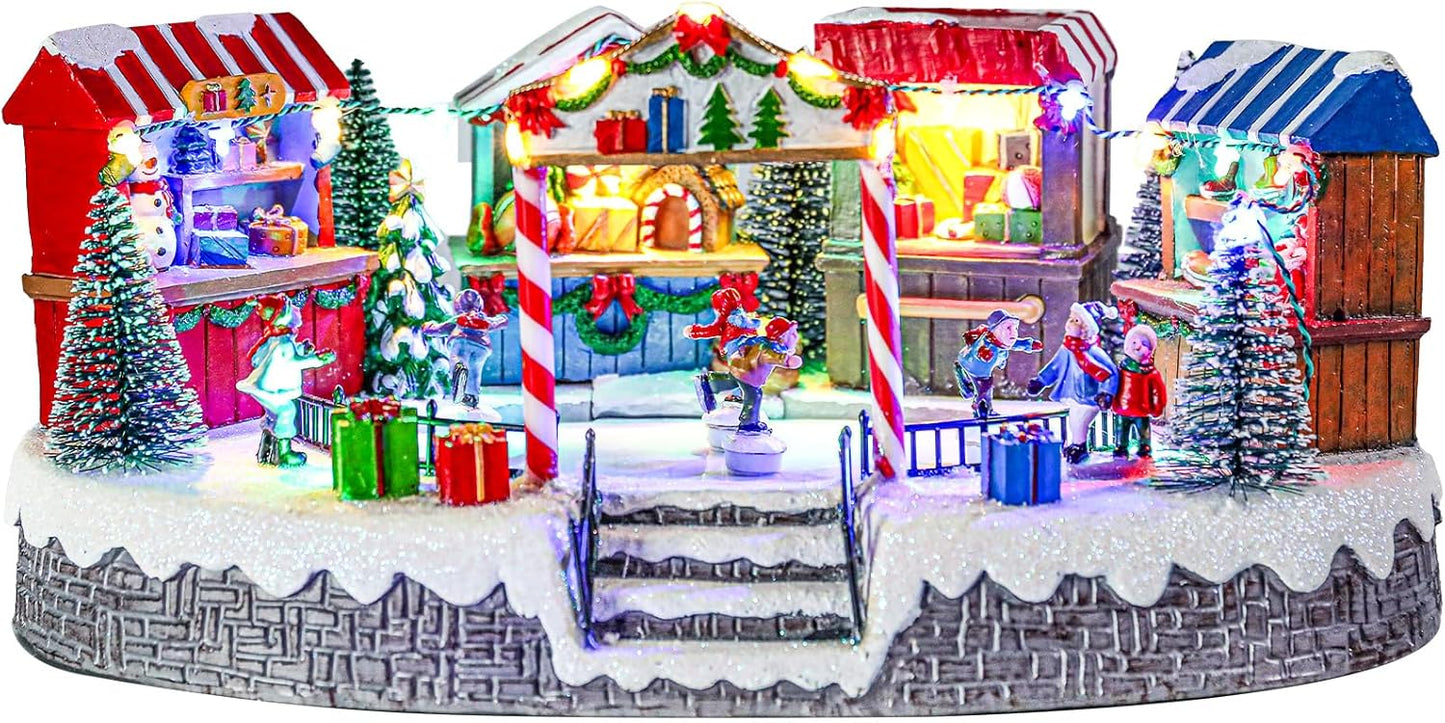 Bdor Christmas Market Village Scene - LED Lights & Musical Animation | 8.3 x 5.9 x 5.9 Inches Holiday Décor