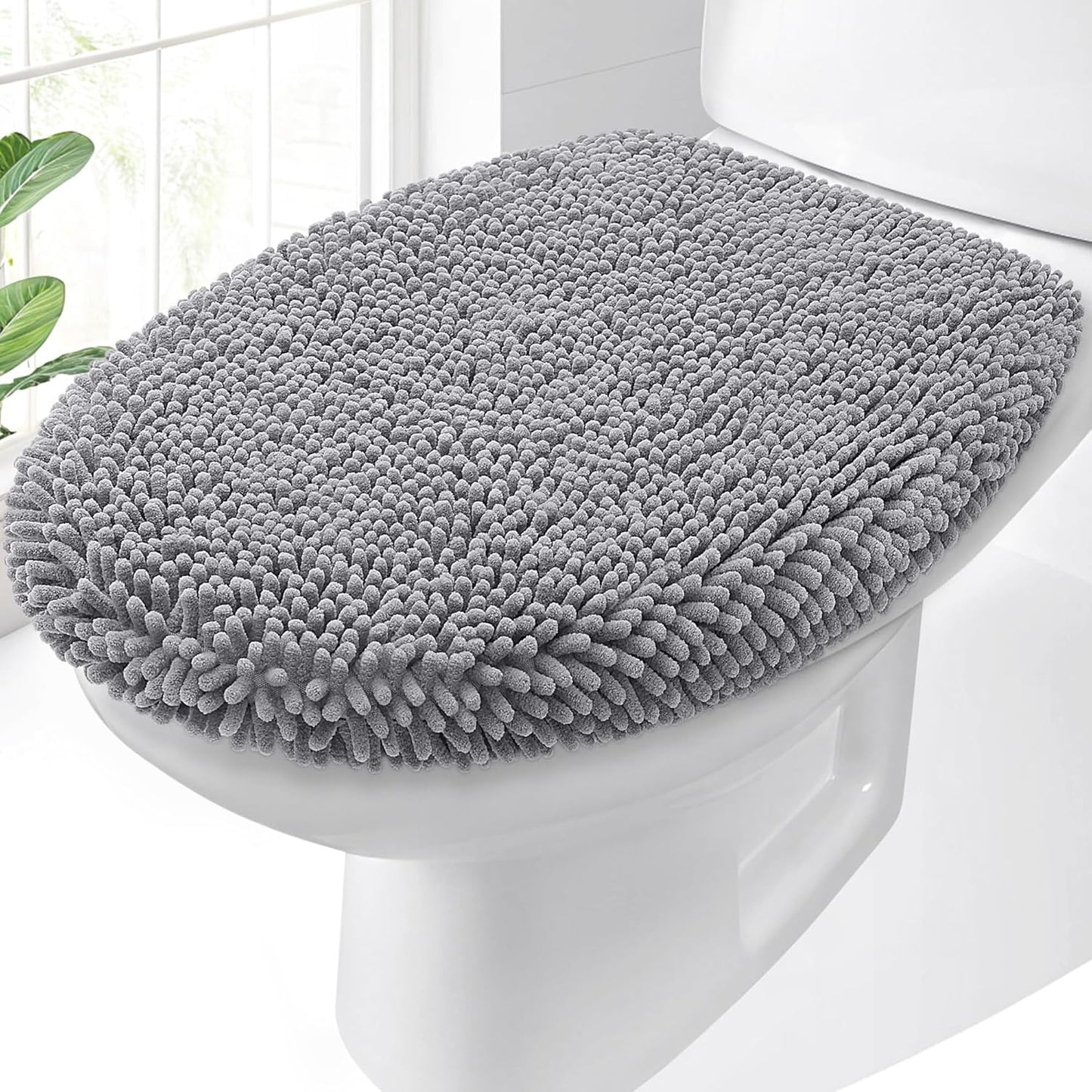 OLANLY Soft Chenille Toilet Lid Cover - Machine Washable, Non-Slip Rubber Backing | Gray, 17.5x15 Inches