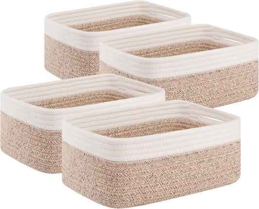 OIAHOMY Storage Baskets - 4 Pack Cute Decorative Organizers for Shelves | 11.8''L x 7.8''W x 4.7''H, Brown/White