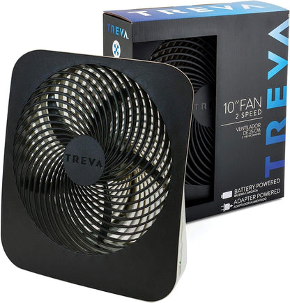 Treva 10-Inch Portable Fan, Powered by Battery and/or AC Adapter - Desk Fan Air Circulating with 2 Cooling Speeds for Personal and Travel Use (Black) (OOS)